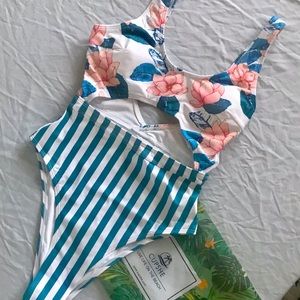 Floral, Striped Scoop Back Cutout One Piece Suite